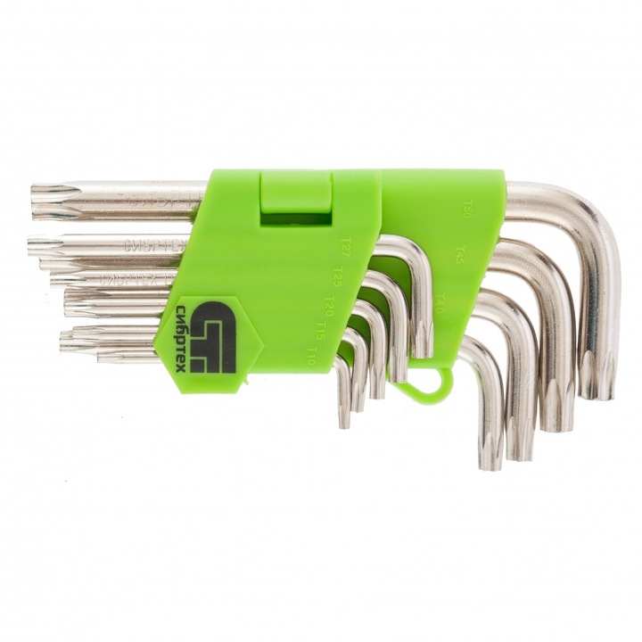 Tamper-Torx csavarkulcs készlet, 9 db, TT10-TT50, 45x, edzett, rövid, nikkel// Sibrtech