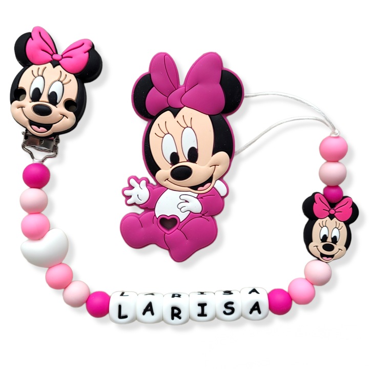 Set 2 piese, Lantisor pentru suzeta din silicon alimentar, personalizat si jucarie dentitie, Minnie Violet