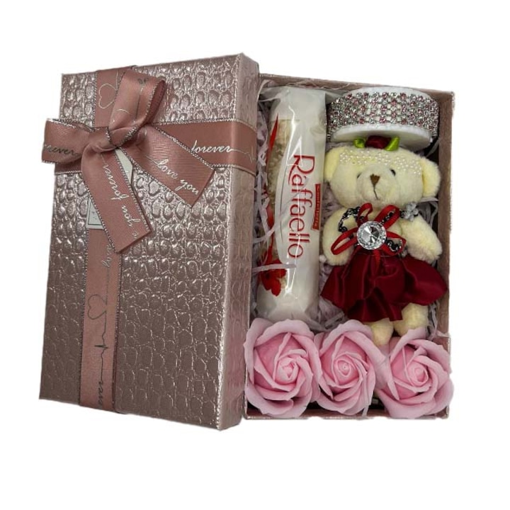 Glamour ajándékkészlet nőknek, karkötő féldrágakövekkel, Praliné Raffaello, elegáns maci és három szappanrózsa, rózsaszín díszdobozban, Velve, 19x12x7 cm