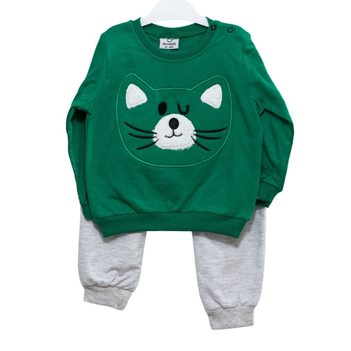 Set compleu copii Pisicuta, Motat, Bumbac, Verde gri