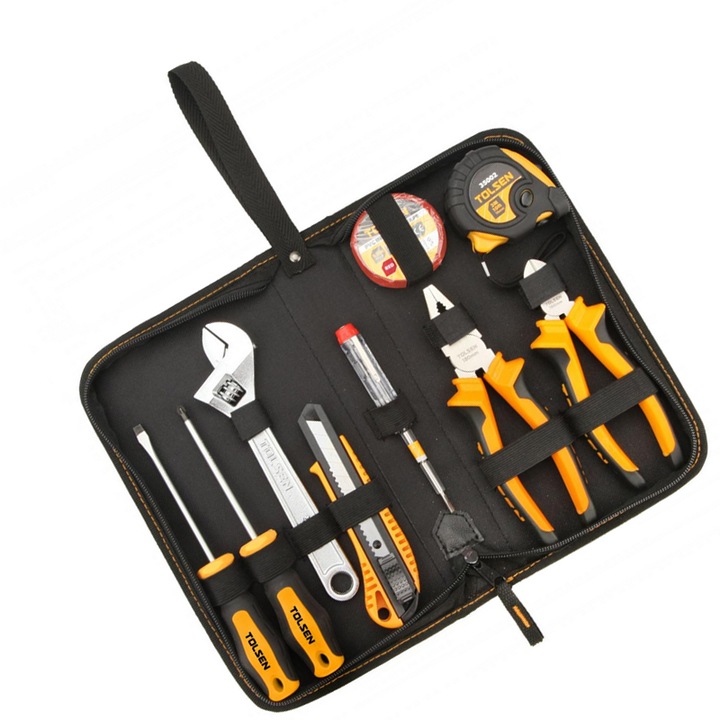 Set unelte de mana, 9 piese, surubelnite, cheie, cutter, clesti, ruleta, ATT-5301