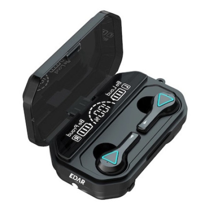 EDAR TWS vezeték nélküli fejhallgató, Bluetooth 5.1, Hi-Fi hang, Powerbank töltődoboz 2000 mAh, IPX7, iOS/Android kompatibilis, 5.1, egypontos, HD hang, beépített mikrofon, fekete