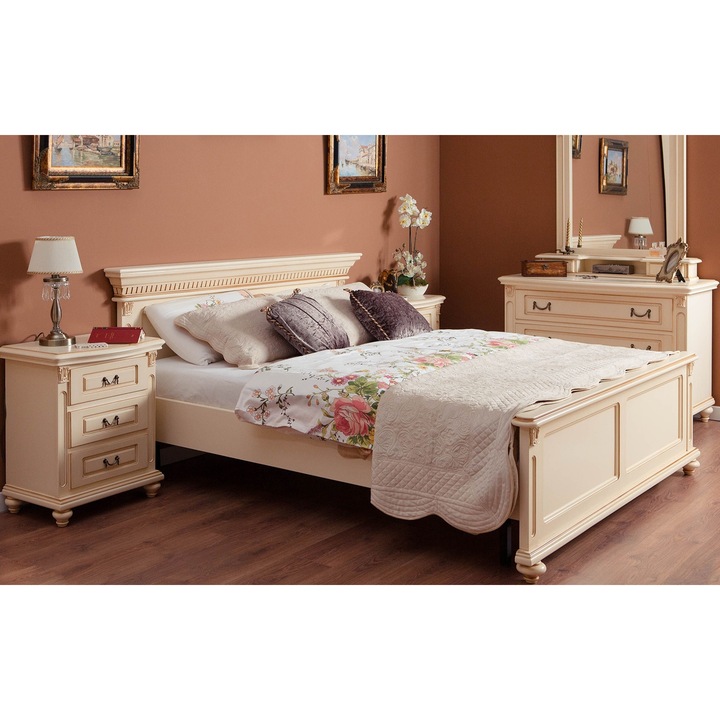 Pat Roberta, Lemn Masiv, Mobarta, 160x200 cm, Crem Patinat