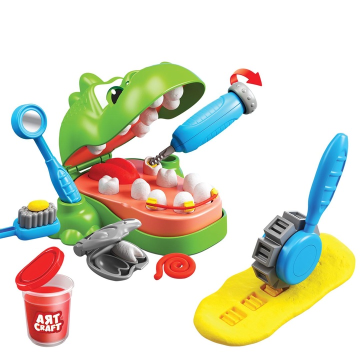 Set de joaca Plastilina DOH Shopiens® Dino Dentist cu diferite accesorii