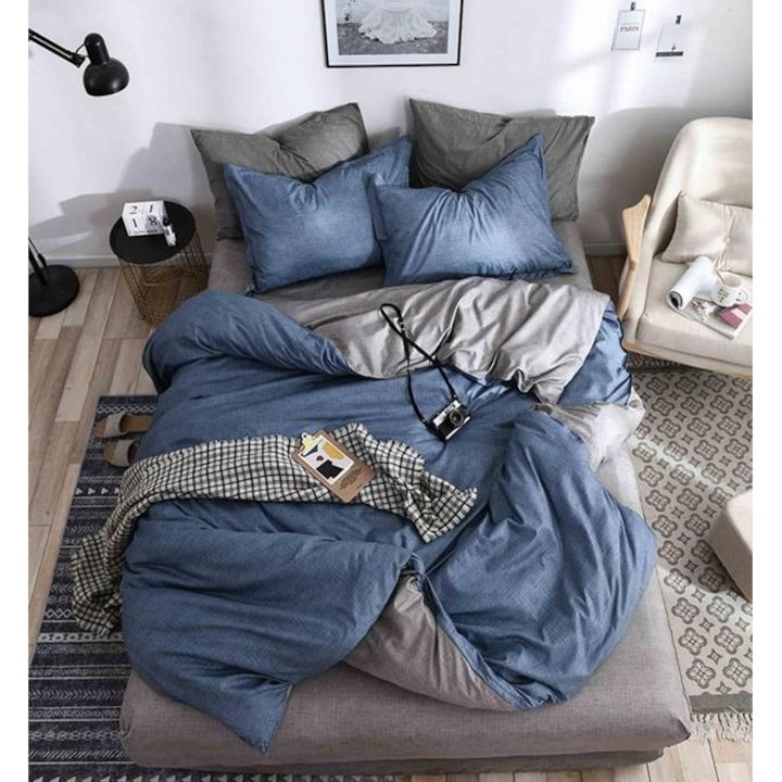 Комплект спално бельо, сатениран памук, 4 части, син/сив, 240x250 см