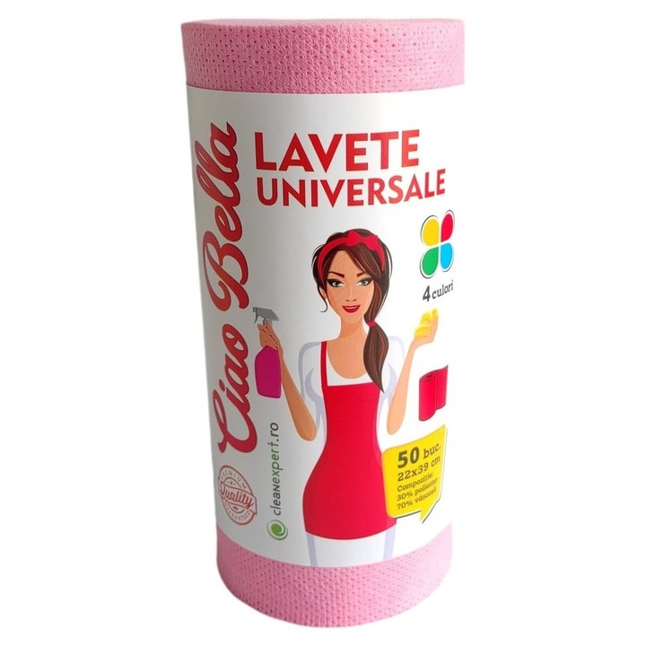 Lavete universale suberabsorbante pe rola Ciao Bella 50 buc, rosie