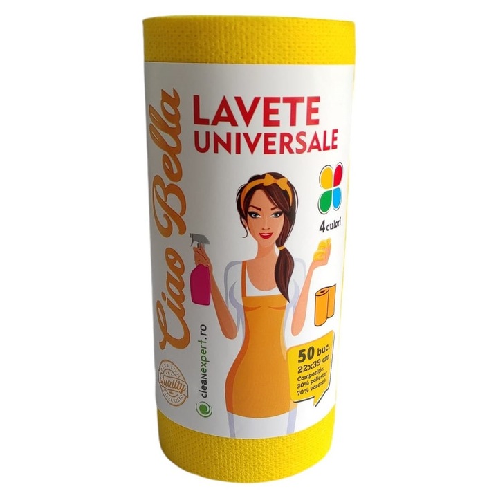 Lavete universale suberabsorbante pe rola Ciao Bella 50 buc, galben