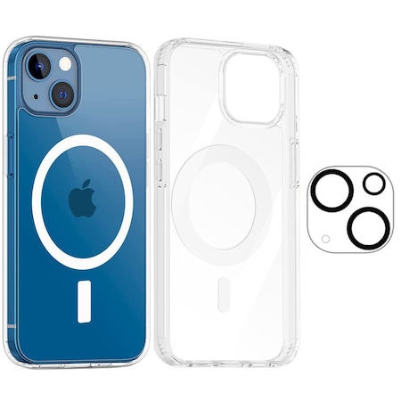 Pachet promo: Set cu husa transparenta MagSafe si folie sticla camera, MorFansi, protectie camere spate, compatibila cu Apple iPhone 14 + Folie Sticla Protectie Ecran BzStore compatibil cu iPhone 13 /13 Pro /iPhone 14, Sticla Securizata, Full Glue