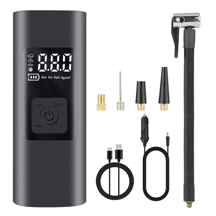 Компресор за гуми, 6000mAh, 150PSI, LCD дисплей, Черен