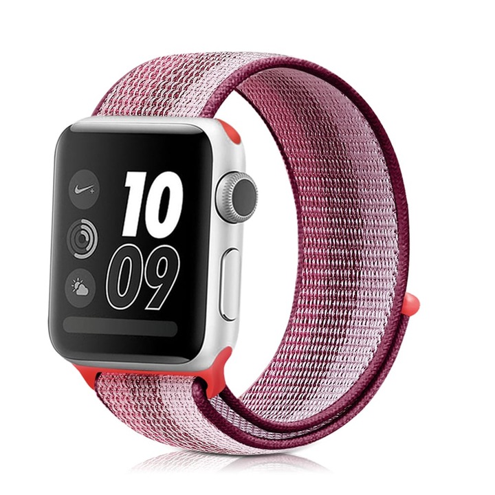Curea smartwatch nylon compatibila cu Apple Watch 1/2/3/4/5/6/7/SE, 38/40/41 mm, Rosu / Violet
