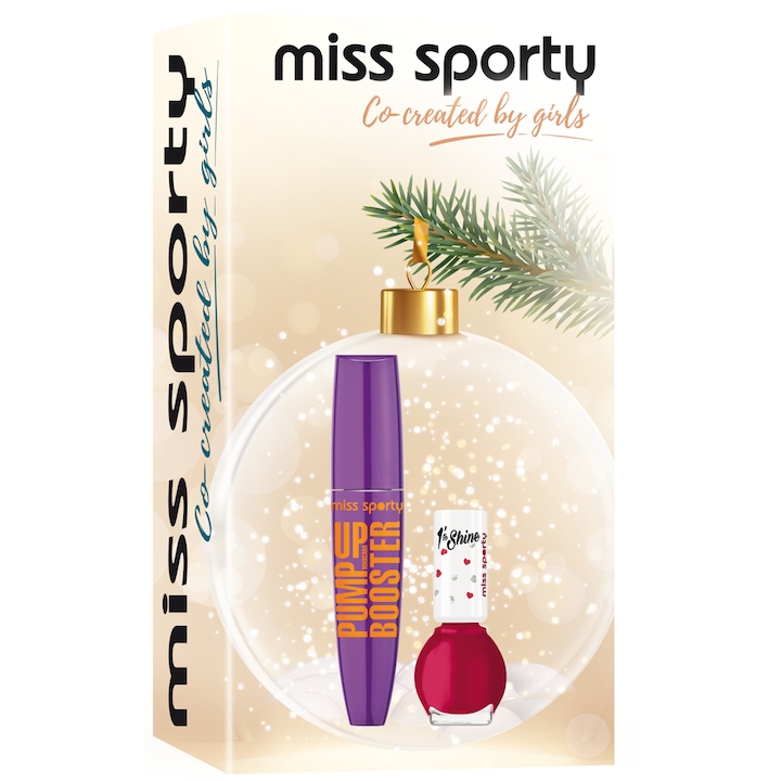 Set Cadou Mascara Miss Sporty Pump Up Booster 001 Extreme Black, 12 ml + Nail Polish 1'To Shine 220, 7 ml