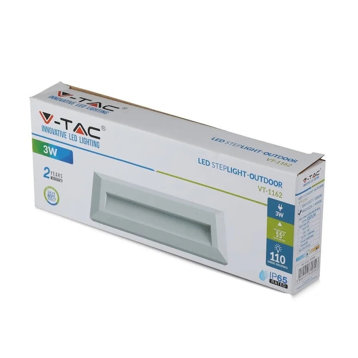 Водоустойчив LED спот 3W за правоъгълно стъпало Бяло тяло 3000K IP65, V-TAC
