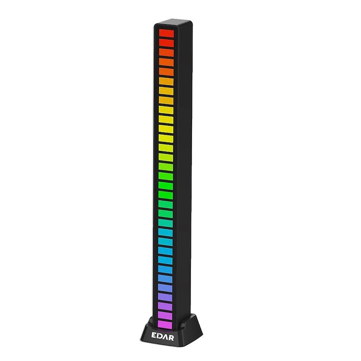 Kit LED Lumini De Ritm EDAR, RGB Cu Activare Sonora, Bara RGB Cu Funcitie VU Meter, W08, 32 Leduri, Baterie, Atmosfera, 18 Culori, Mutiple Moduri, Silicko, Pentru Gaming, Sincronizare muzicala, Negru