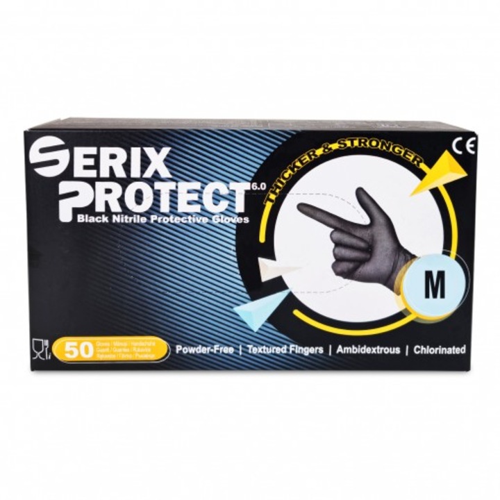 Set 50 Manusi Nitril Groase 0.12 mm, Rezistente, Black, 6.0 gr, Serix Protect, M