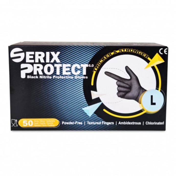 Set 50 Manusi Nitril Groase 0.12 mm, Rezistente, Black, 6.5 gr, Serix Protect, L