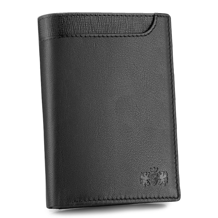 Portofel barbati piele naturala, Zagatto, Negru, Vertical, Protectie RFID, Buzunar carte de identitate, Dimensiuni 9,3x12.7x3 cm, Portofel elegant cu multiple comapartimente, ZG-N4-F13