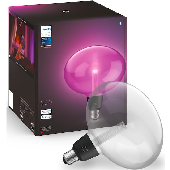 Смарт RGB LED крушка Philips Hue LG Ellipse, Bluetooth и Zigbee, Гласово управление, E27, 6.5W (60W), 500 lm, Бяла и цветна светлина (2000-6500K), 20.5x18.5x18.5 см, Енергиен клас G