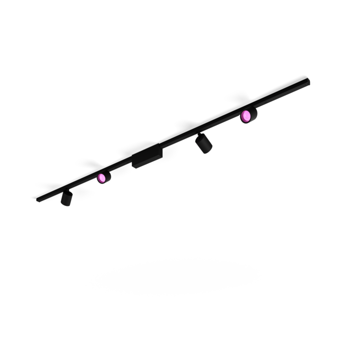 Spot luminos Philips Hue Perifo, kit de baza, 4 spoturi, Bluetooth si Zigbee, control vocal, bec 24V, LED RGB, lumina alba si colorata (2000-6500K), IP20, 221.5cm, Negru, clasa energetica F