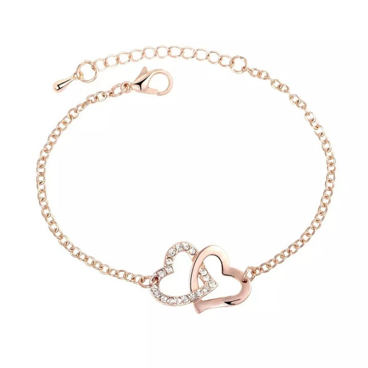 Bratara dama, pandantiv inimi duble, cristale, bronz, dimensiune reglabila, EFAYN