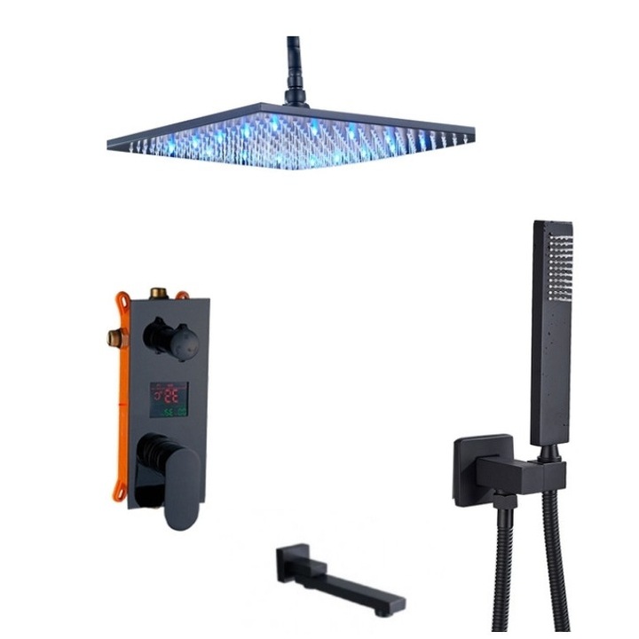 Set baterie dus, Blackswan, Tip M3.18 LED, model negru mat cu pipa swivel, dimensiune 40 cm