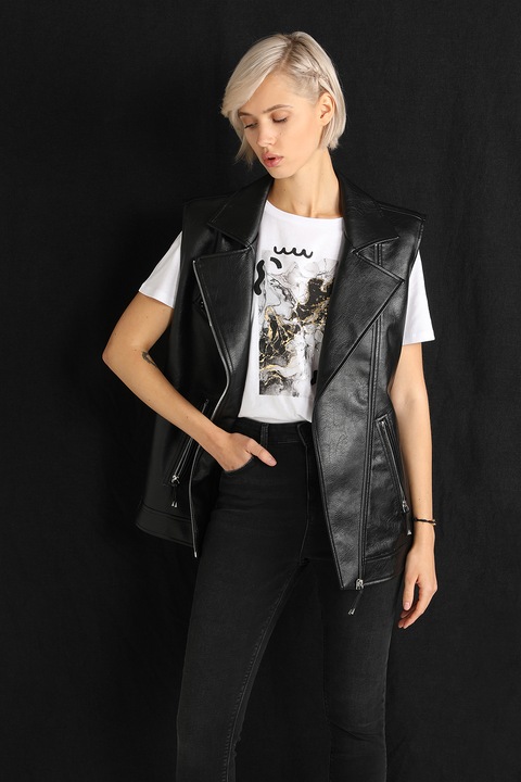 COLIN'S, Vesta de piele ecologica cu buzunare cu fermoar, Negru