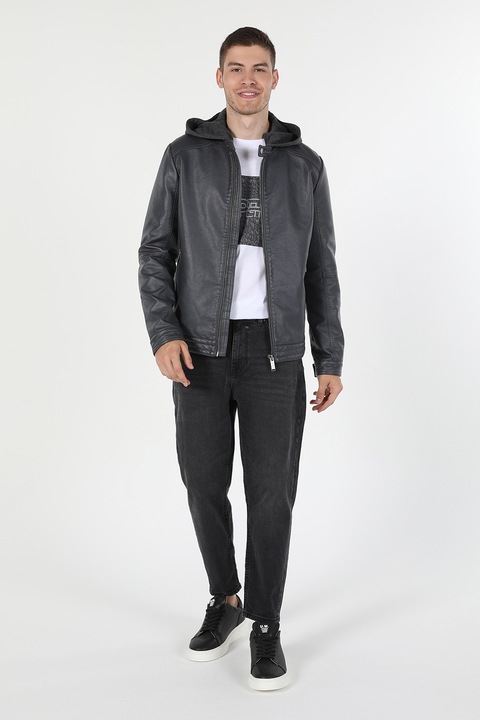COLIN'S, Jacheta slim fit de piele ecologica cu gluga, Gri inchis