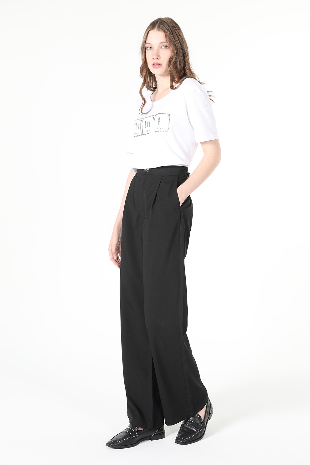COLIN'S, Pantaloni ampli cu talie inalta, Negru, 36-L34