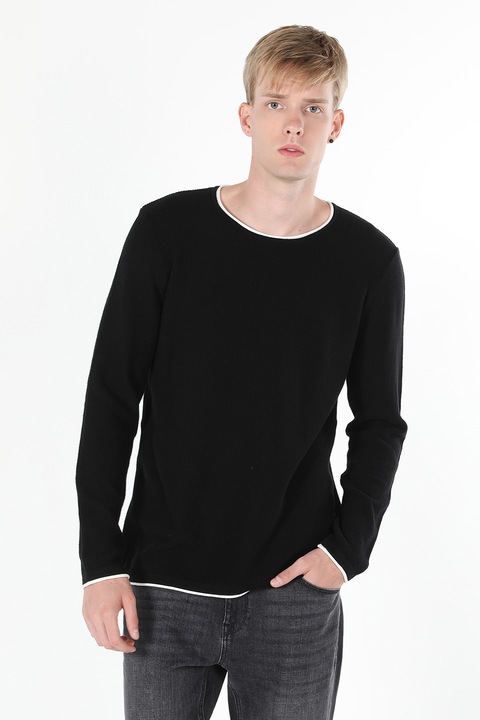 COLIN'S, Pulover texturat cu decolteu la baza gatului si terminatii contrastante, Negru