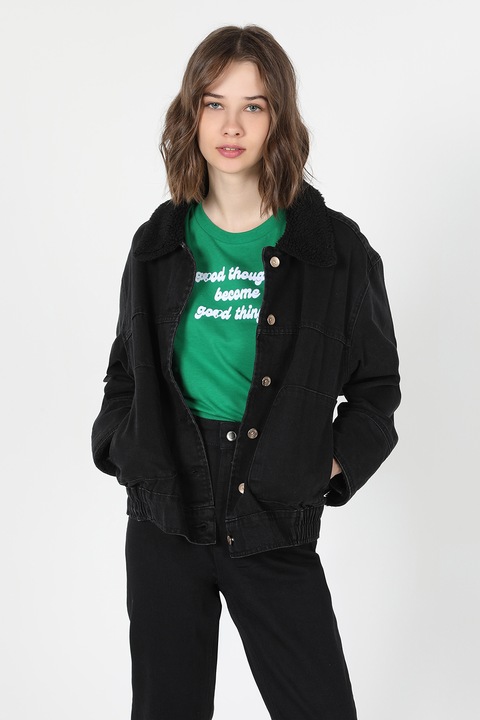 COLIN'S, Jacheta regular fit de denim cu guler de blana shearling sintetica, Negru stins