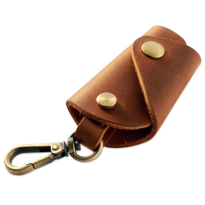 Organizator chei Lerods din piele naturala, husa cu inchidere capsa si carabina, finisaj bronz antichizat, culoare maro
