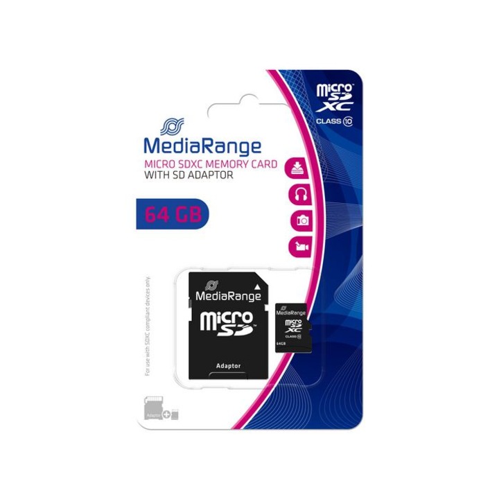 Card de memorie MediaRange micro SDHC 64 Gb clasa 10 cu adaptor SD