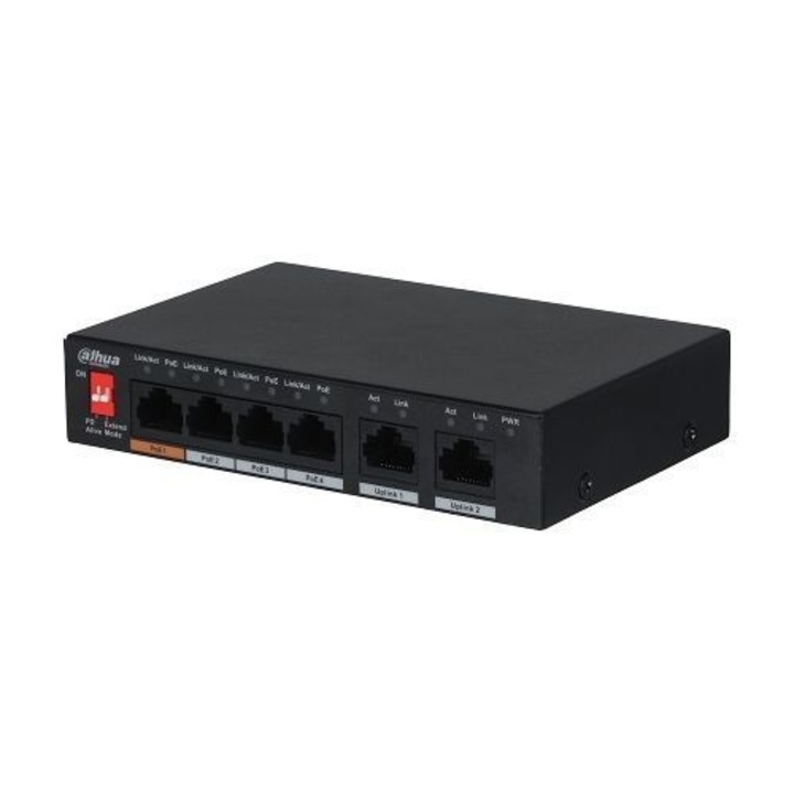 Kapcsoló, Dahua PFS3006-4ET-60-V2 PoE 4+2 port, 250m, 30W, 60W