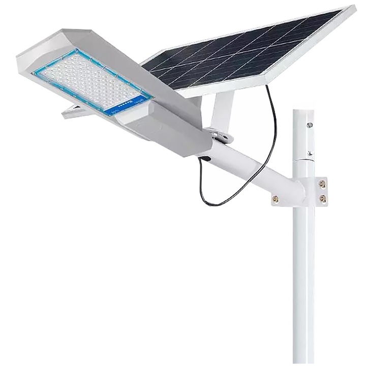 Lampa solara stradala Zolia™ de 100W, cu senzor de miscare si senzor crepuscular, 92 LED SMD, cu panou solar 20W 46x35 cm, brat montare si telecomanda cu functii multiple