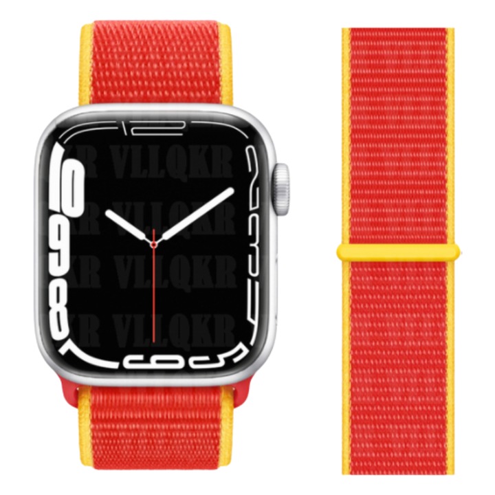Curea smartwatch nylon compatibila cu Apple Watch 1/2/3/4/5/6/7/SE, 38/40/41 mm, Galben / Rosu
