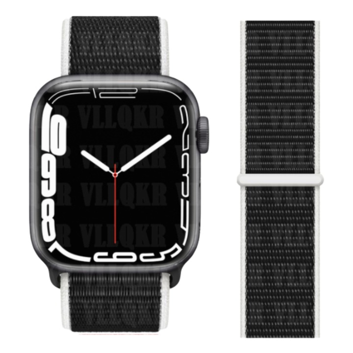Curea smartwatch nylon compatibila cu Apple Watch 1/2/3/4/5/6/7/SE, 38/40/41 mm, Negru / Alb