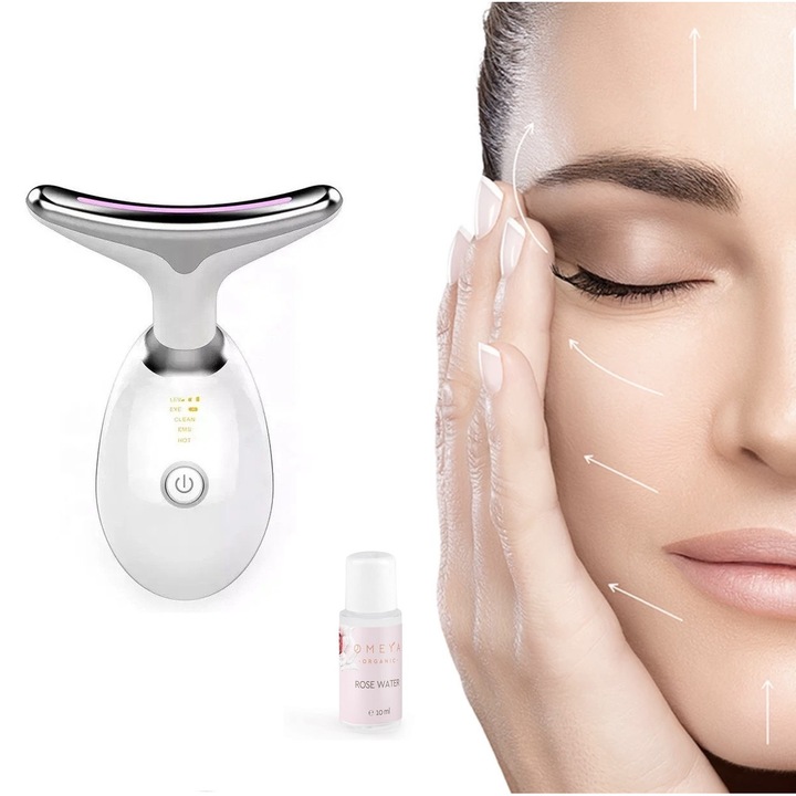 Уред за лифтинг на лице и деколте Smart Pulse S-Beauty Areon + Органична био розова вода Omeya, LED светлина, EMS, Топлиннa терапия на бръчки и стягане на кожата в областт на шията, бял