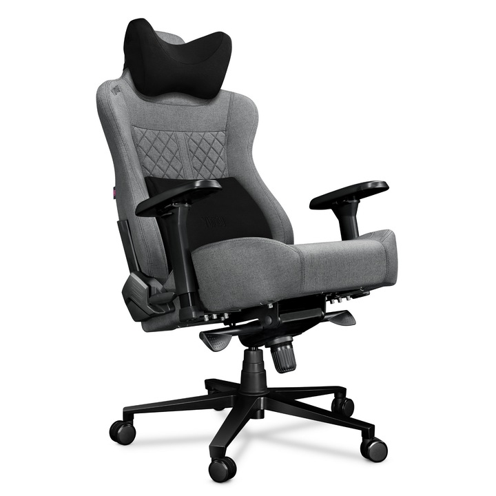 Scaun de Birou - YUMISU 2052 Cloud Black, Gri deschis, textil, cusaturi negre, Greutate maxima suportata 180 kg, XXL Scaun Gaming, Perne velur, Scaun rotativ, Inclinabila la 165°, Reglare cotiera, spatar rabatabil, cu inaltime reglabila, Profesional, Gri