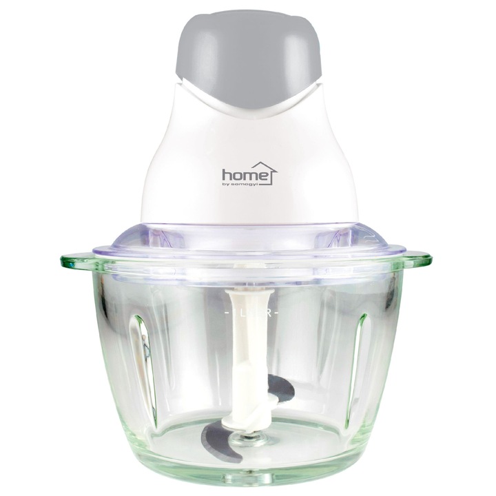 Tocator Home, 320 W, 1 treapta de viteza, 1 litru, bol din sticla, cutite din otel inoxidabil, protectie impotriva supraincalzirii, argintiu cu alb