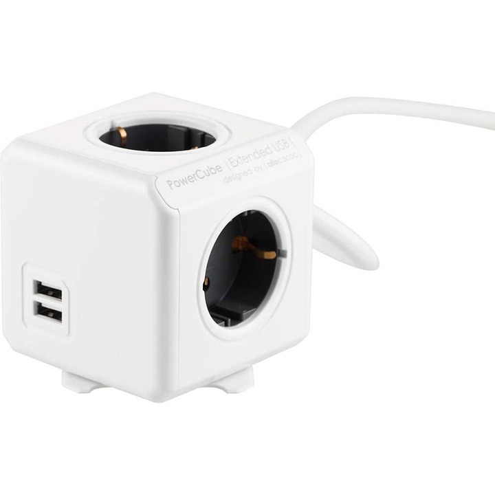 Allocacoc PowerCube Extended hálózati hosszabbító, 4 dugalj + 2 USB csatlakozó, kábelhossz 3m, Fehér/Szürke