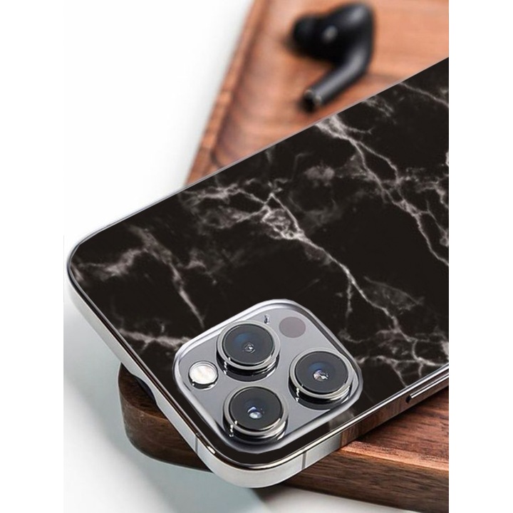 Folie Skin Back Apple Iphone 13 Pro telefonhoz, fekete márvány kivitel, magas markolat, teljes ragasztó, egyszerű telepítés
