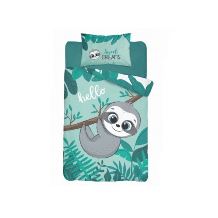 Lenjerie cu doua fete pentru patut, Detexpol, Lenes 3952A, Bambus/Bumbac, 2 piese, 90x120 cm, Verde turcoaz/Alb