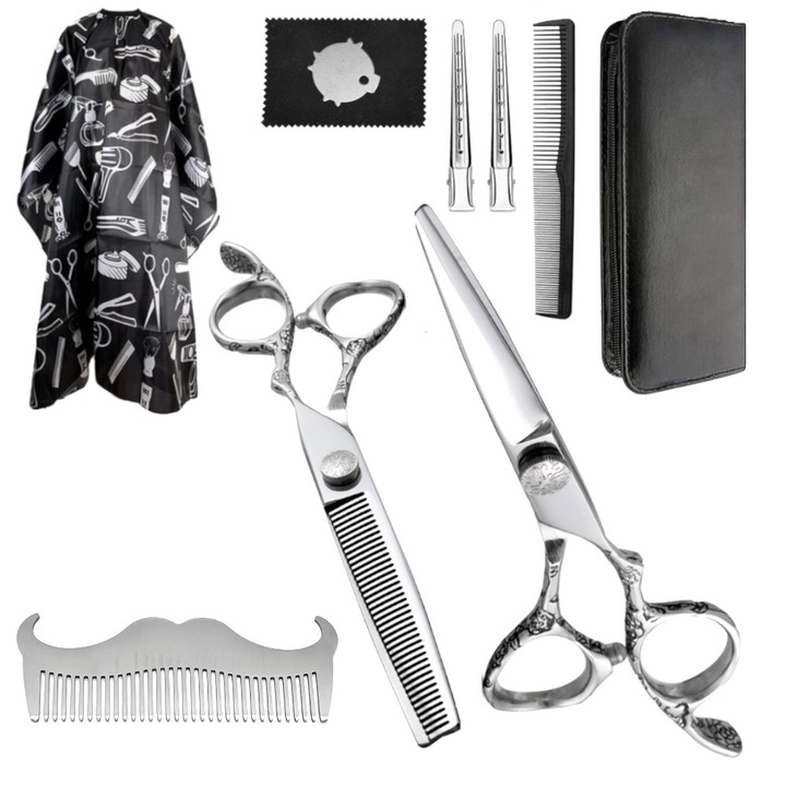 Set foarfeca de tuns si filat Ardette, Damino01, Inox, Retro design, marime 6", maner sculptat, cu piepten, pelerina, gentuta pentru frizerie, barber shop, 8 piese