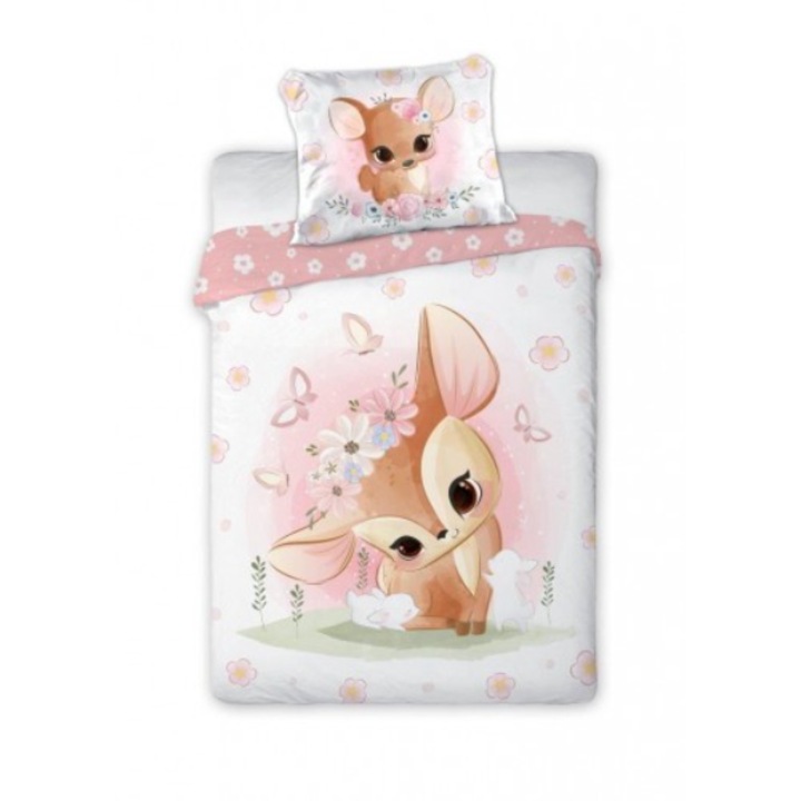 Lenjerie pentru patut, Faro, Bumbac, Model caprioara, 2 piese, 100x135 cm, Multicolor