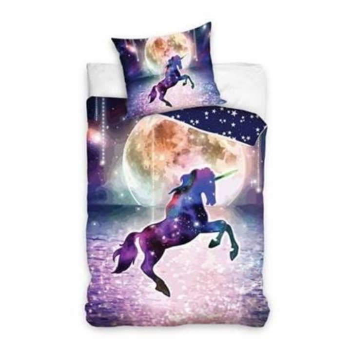 Lenjerie de pat, unicorn, Carbotex, Bumbac, 160 x 200 cm, Straluceste in intuneric, Multicolor