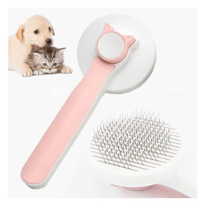 Perie pentru curatarea si ingrijirea parului de caini si pisici, NAUGHTYTRIBE®, HY28, cu buton rapid de autocuratare si masaj,18.5x7.5x4.5 cm, Roz