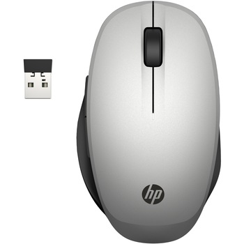 Mouse wireless HP 300 Dual Mode, bluetooth/dongle USB 2,4GHz (pana la 2 dispozitive), autonomie max. 15 luni, LED status baterie, 3600 DPI, 5 butoane, baterie AA inclusa, argintiu