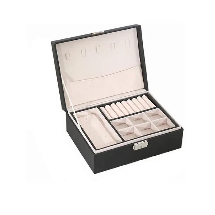 Кутия за бижута TopGearWorld, Полиуретан, Черен, 17x23 см