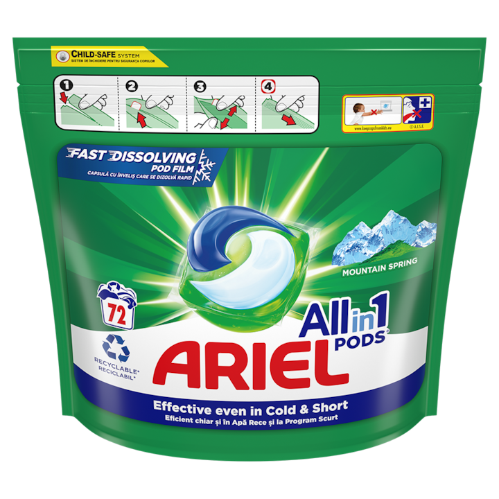 Detergent de rufe capsule Ariel All in One PODS Mountain Spring, 72 spalari