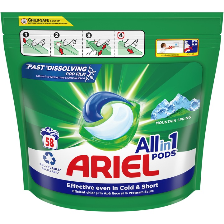 Detergent capsule Ariel All in One PODS Mountain Spring, 58 spalari