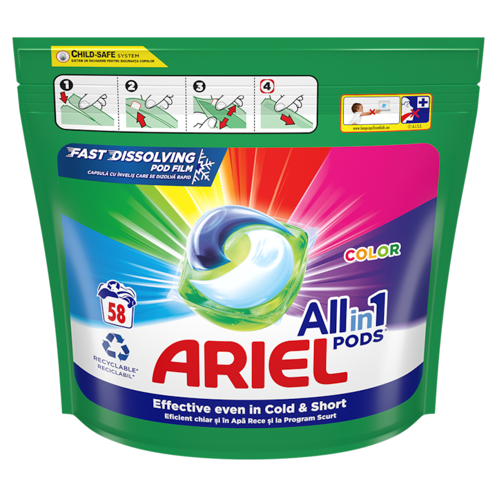 Detergent de rufe capsule Ariel All in One PODS Color, 58 spalari